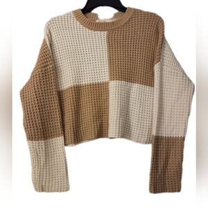 Jessica Simpson Y2K 90's Cropped Color Block Crewneck Sweater Tan Cream Size Med